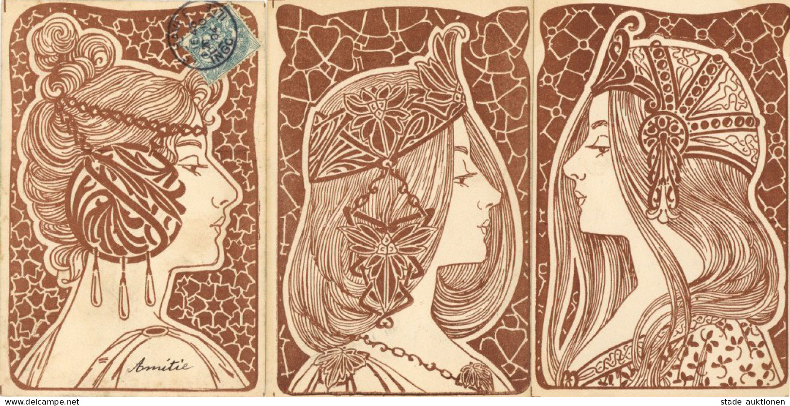 Jugendstil Lot Mit 3 Künstlerkarten Serie Broderie Illustree I-II Art Nouveau - Autres & Non Classés