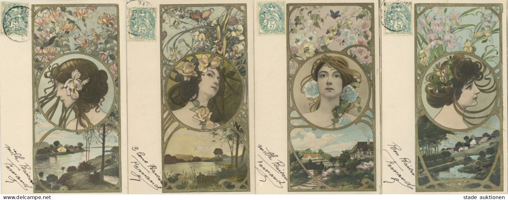 Jugendstil Lot Mit 4 Künstlerkarten Frauen I-II Art Nouveau Femmes - Other & Unclassified