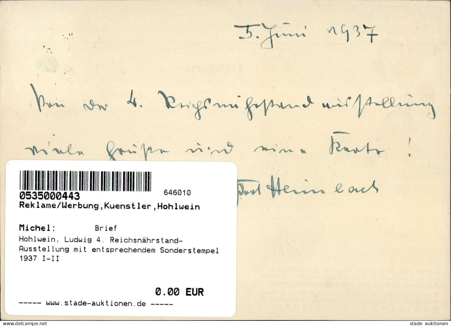 Hohlwein, Ludwig 4. Reichsnährstand-Ausstellung Mit Entsprechendem Sonderstempel 1937 I-II Expo - Hohlwein, Ludwig