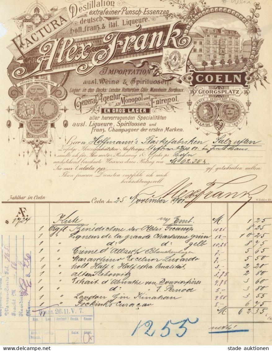 Wein Coeln Fabrik Alex Frank Rechnung Von 1901 II (gelocht, Einriss) Vigne - Other & Unclassified