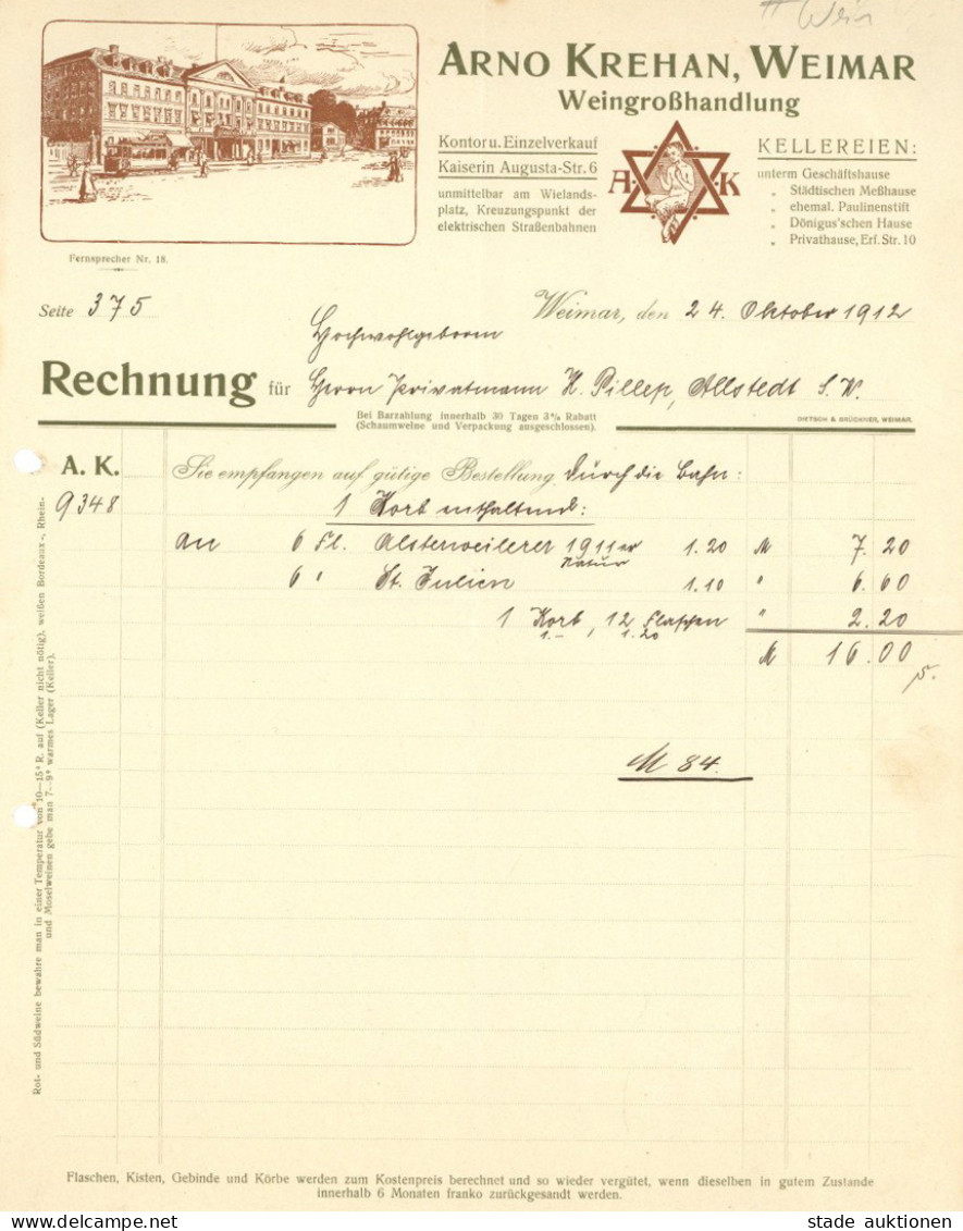 Wein Hof Weimar Weingroßhandlung Arno Krehan Rechnung Von 1912 I-II (gelocht, Fleckig) Vigne - Sonstige & Ohne Zuordnung