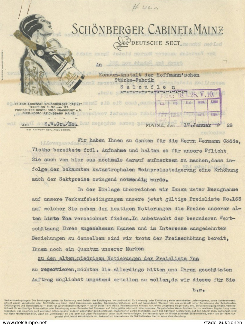 Wein Mainz Schönberger Cabinet Brief An Die Hoffmannschen Stärke Fabrik Von 1928 I-II Vigne - Autres & Non Classés