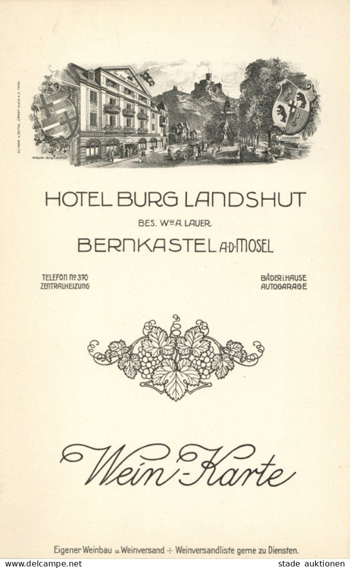 Wein-Karte Hotel Burg Landshut In Bernkastel Bes. Lauer, A. I-II (blanko) Vigne - Autres & Non Classés