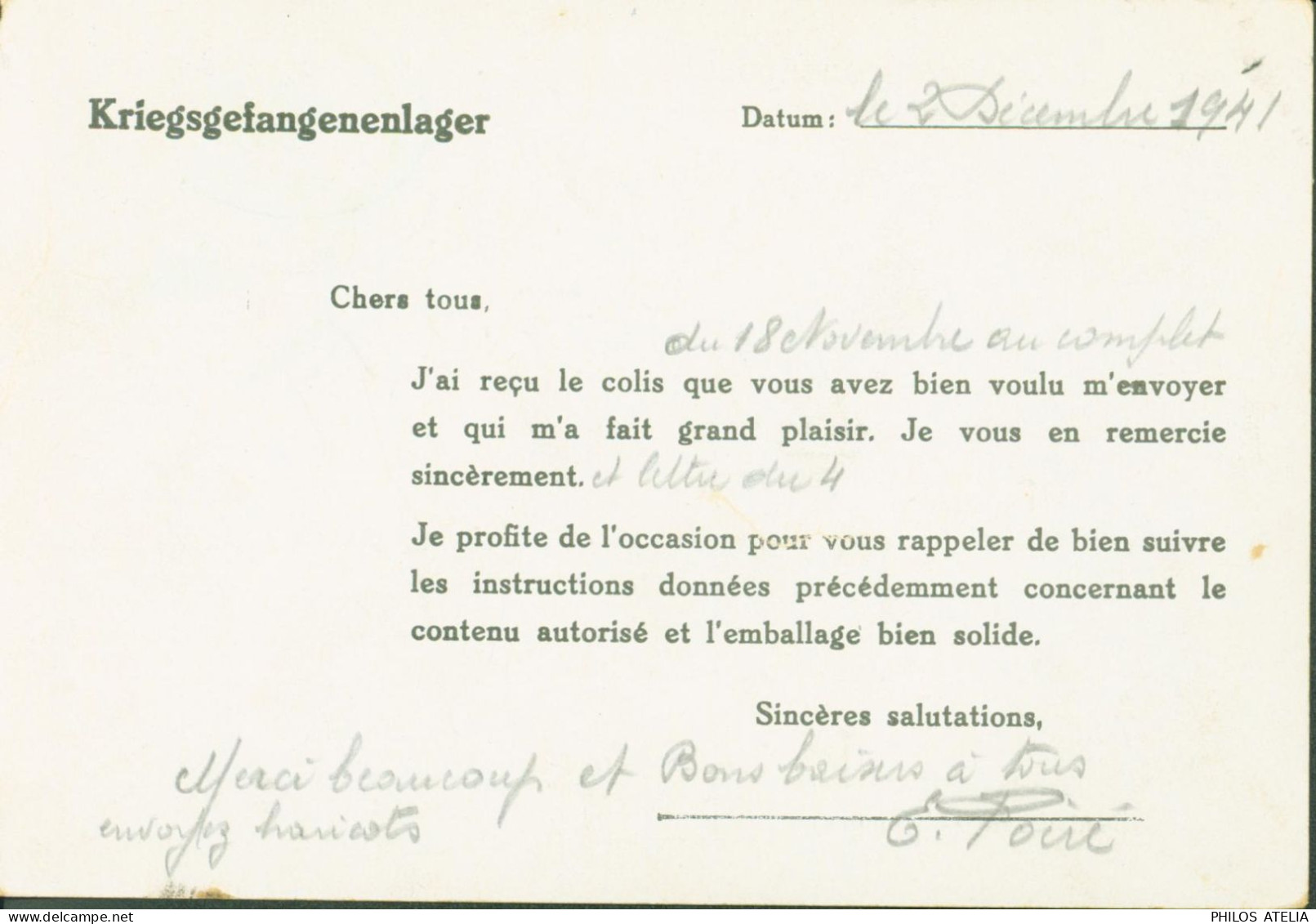 Guerre 40 Kriegsgefangenenlager Accusé Réception Colis + Instructions Pour Les Envois Stalag XIIIC Hammelburg Censure - Kriegsgefangenenpost