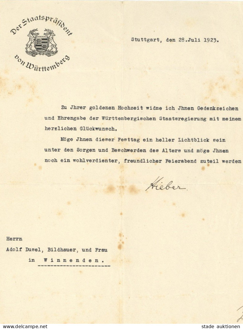 Autograph/Autogramme Hieber, Joahnnes Von. Staatspräsident Von Württemberg. Glückwunschschreiben Zu Einer Goldenen Hochz - Sonstige & Ohne Zuordnung