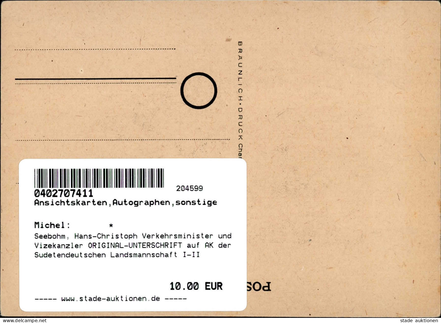 Seebohm, Hans-Christoph Verkehrsminister Und Vizekanzler ORIGINAL-UNTERSCHRIFT Auf AK Der Sudetendeutschen Landsmannscha - Other & Unclassified