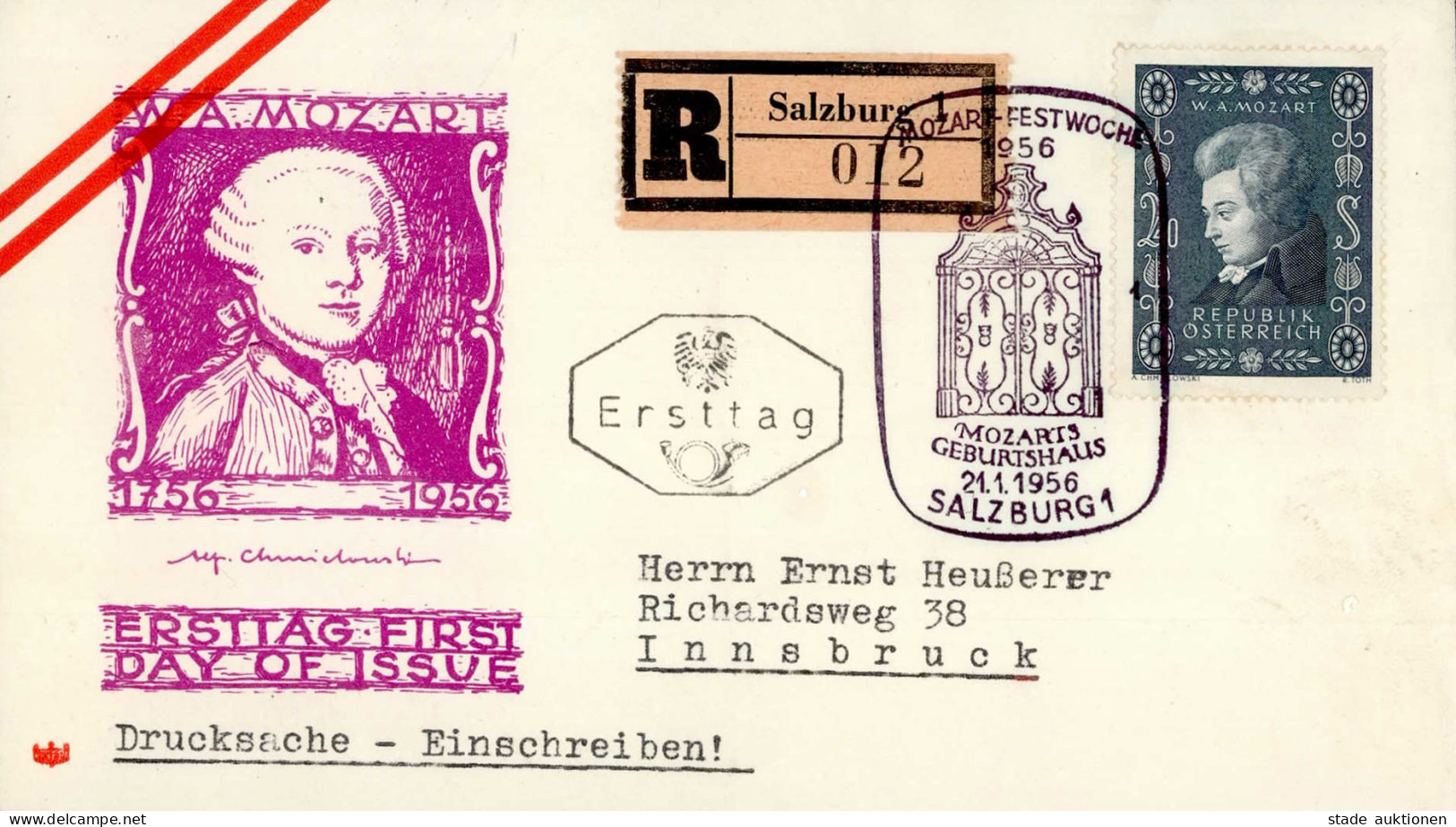 MOZART Österreich FDC Salzburg 1956 Mit Entsprechendem R-Zettel U. ESST - Autres & Non Classés