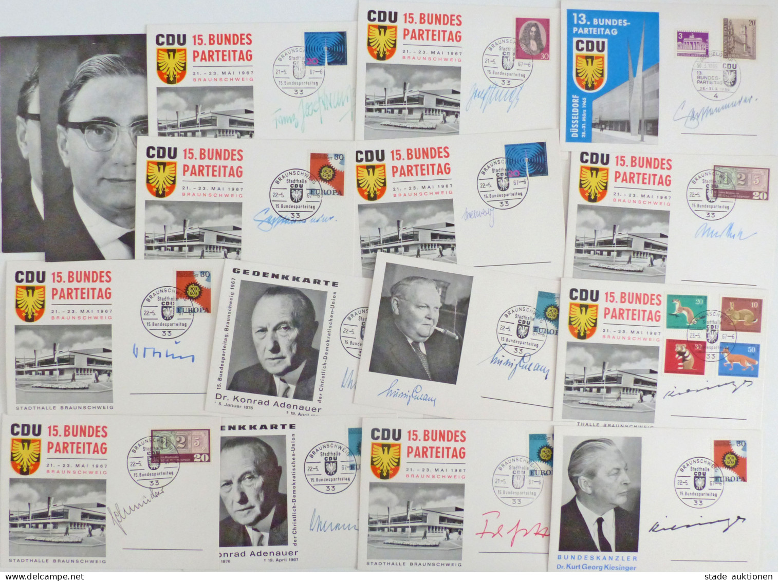 Politik CDU Meist 15. Bundes-Parteitag 1967 Diverse Autogrammkarten U.a. Franz-Joseph Strauß, Adenauer, Kiesinger, Erhar - Non Classés