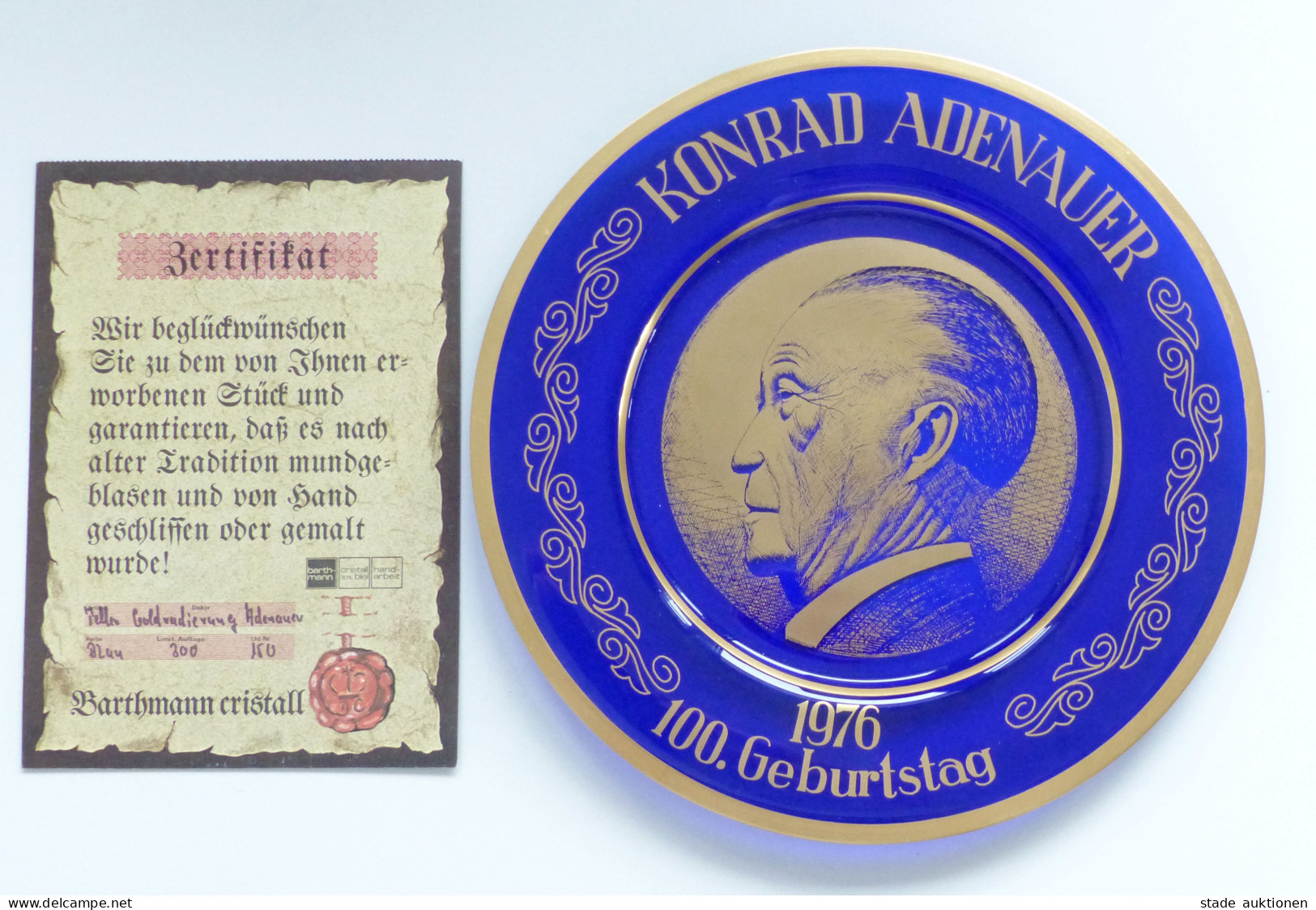 Politik Gedenkteller Zum 100. Geburtstag Von Adenauer, Konrad 1976, Mit Zertifikat In Limit. Auflage Von Nur 300 Stk., B - Non Classés