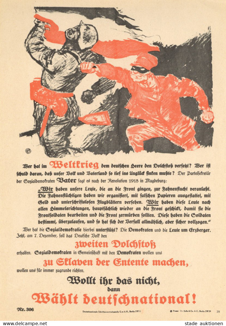 Politik Wahlpropaganda Deutschnational, Presse Selle Berlin, 21,5x30,5 Cm I-II - Sin Clasificación