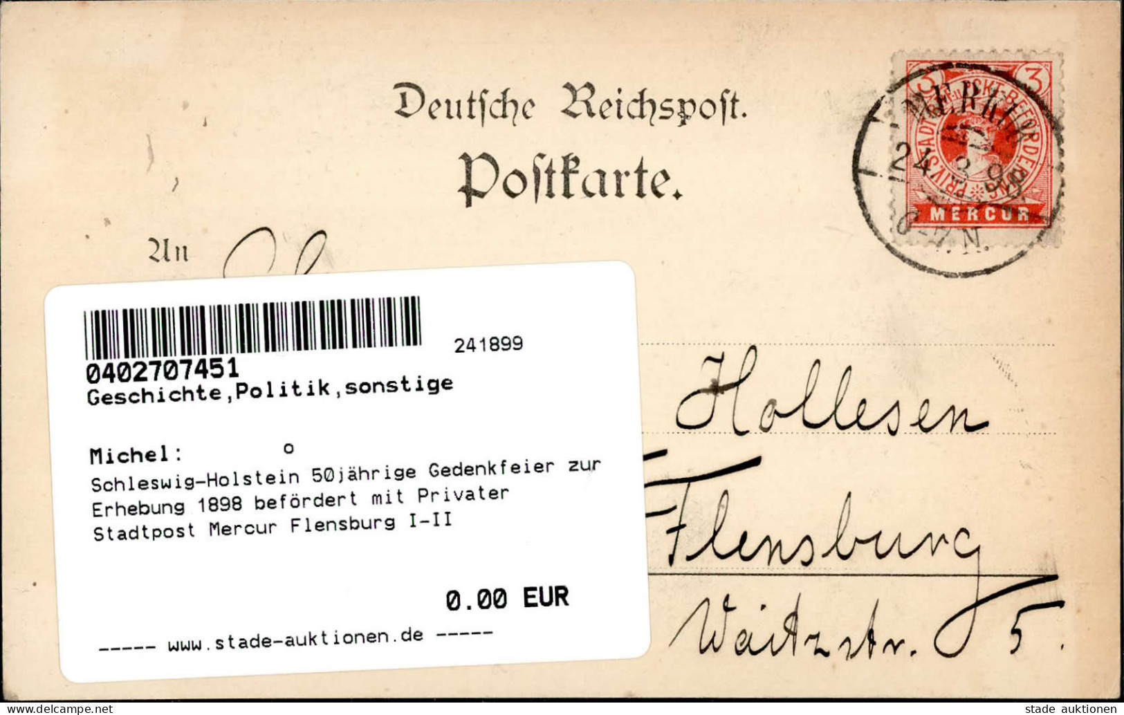 Schleswig-Holstein 50jährige Gedenkfeier Zur Erhebung 1898 Befördert Mit Privater Stadtpost Mercur Flensburg I-II - Unclassified
