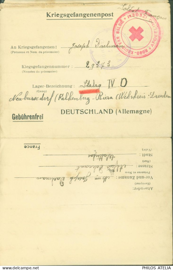 Guerre 40 Kriegsgefangenenpost Stalag IV D Torgau Soldat Français Cachet Rood Kruis Belgie Afdeeling Izegem Censure Camp - Guerre 40-45 (Lettres & Documents)