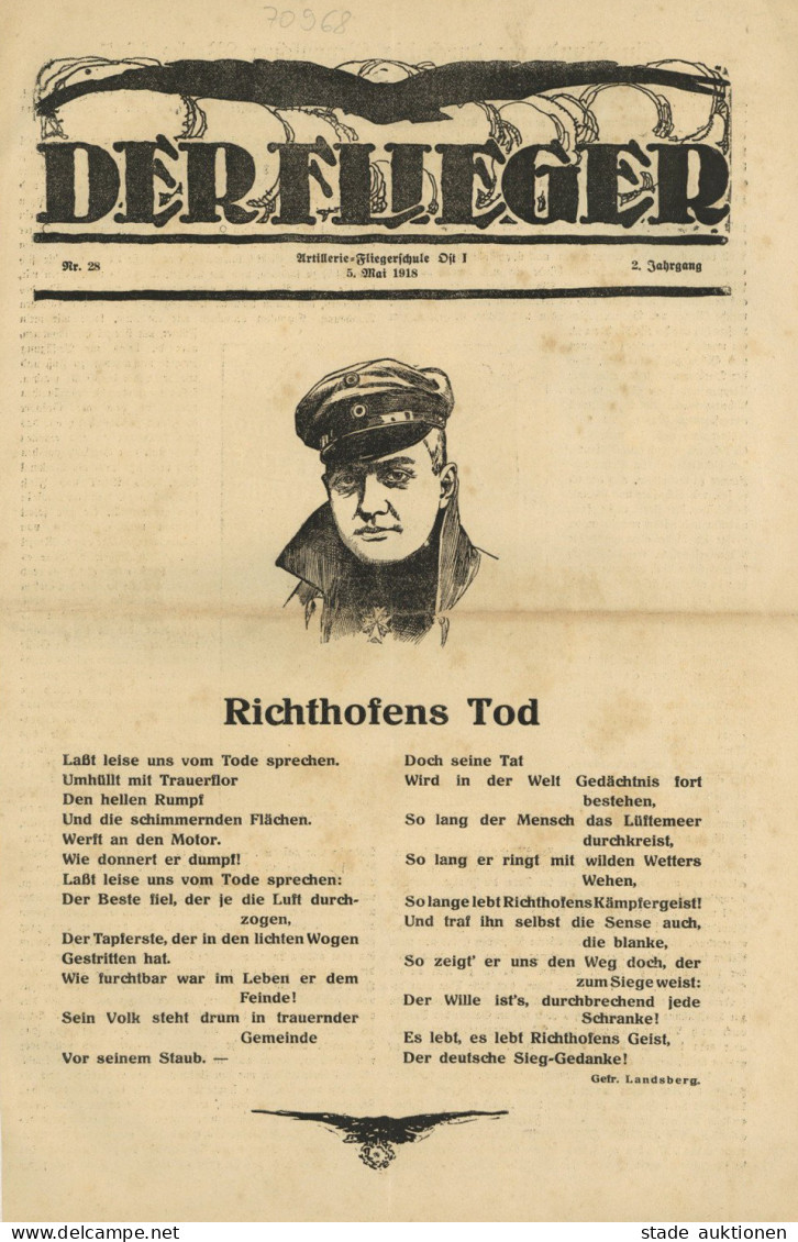 WK I Dokumente Zeitung Der Flieger Nr. 28 Vom 5. Mai 1918, Richthofens Tod, 8 S. II (2 Letzten Seiten Unten Ecke Entfern - Sonstige & Ohne Zuordnung