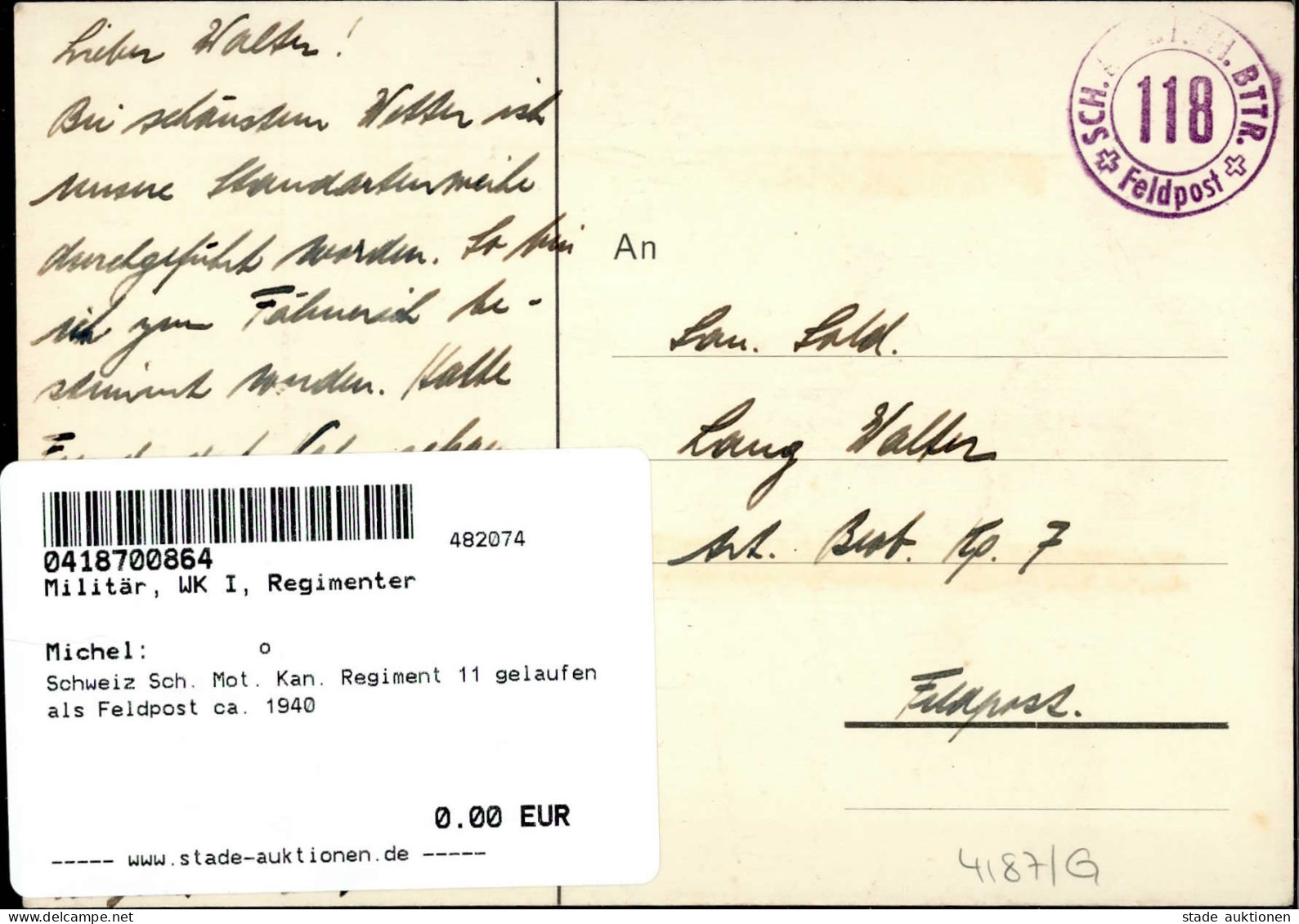 Schweiz Sch. Mot. Kan. Regiment 11 Gelaufen Als Feldpost Ca. 1940 - Regimente