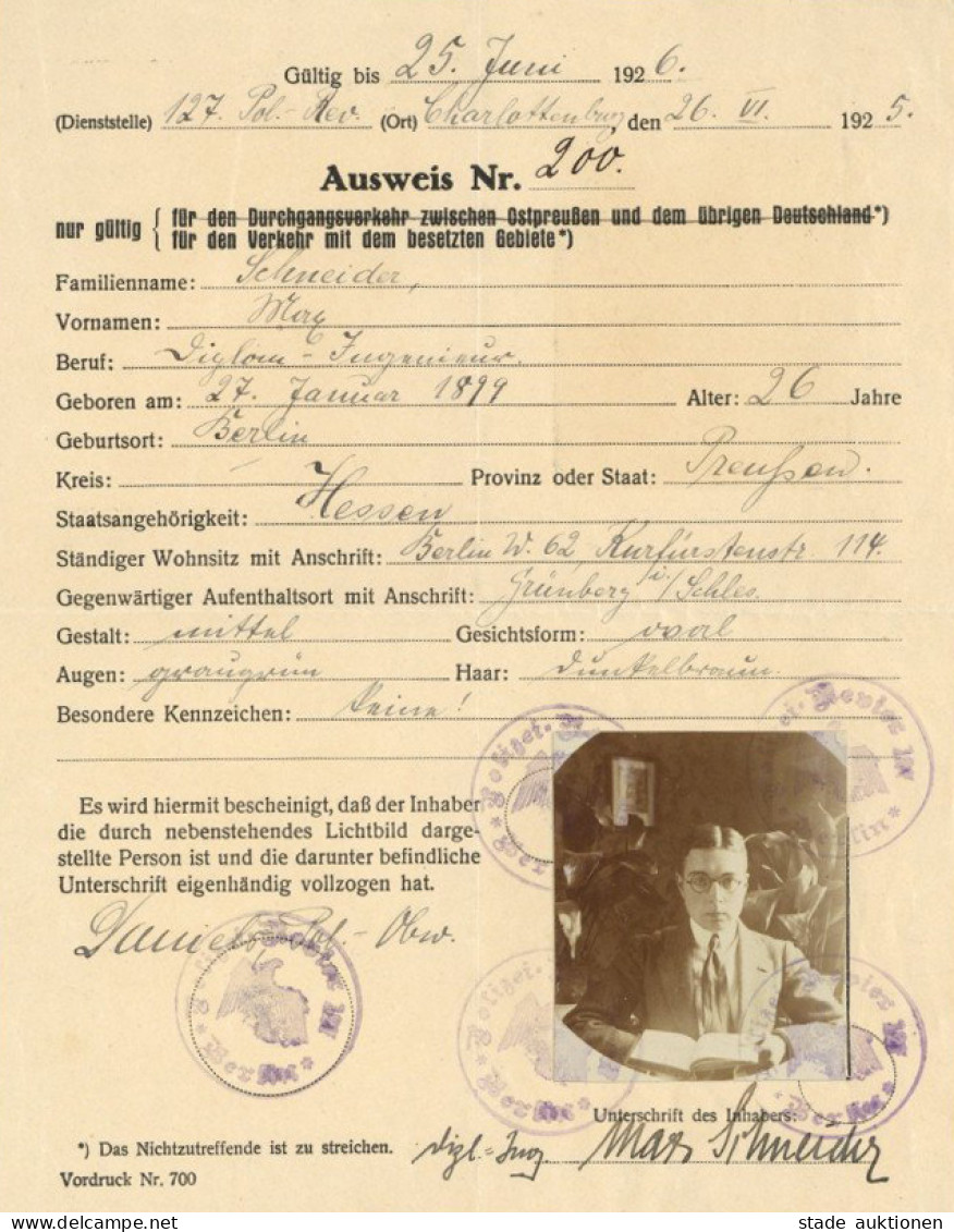 Zwischenkriegszeit Ausweis Nr. 200 Charlottenburg 26. Juni 1925 II - Other Wars