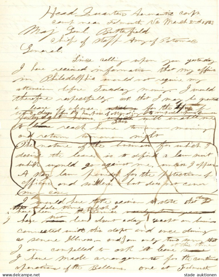 Amerikanischer Bürgerkrieg American Civil War. Original Brief Vom 2. März 1863 Vom Chief Aeronaut Of Union Army Balloon  - Guerra