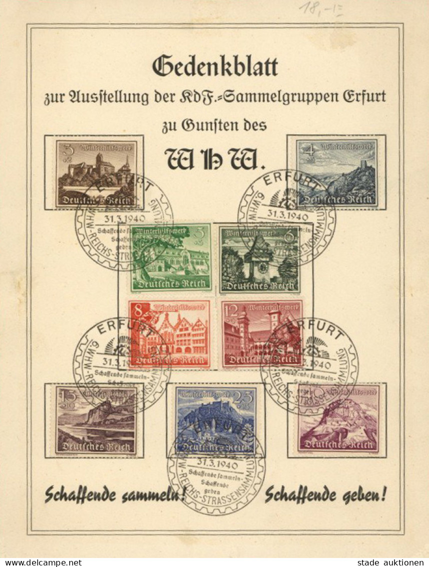 NS-GEDENKBLATT WK II - DINA4 WHW-Blatt Ausstellung Der KDF-Sammlergruppen ERFURT 1940 Mit S-o Rücks. Klebestellen I-II S - Guerre 1939-45