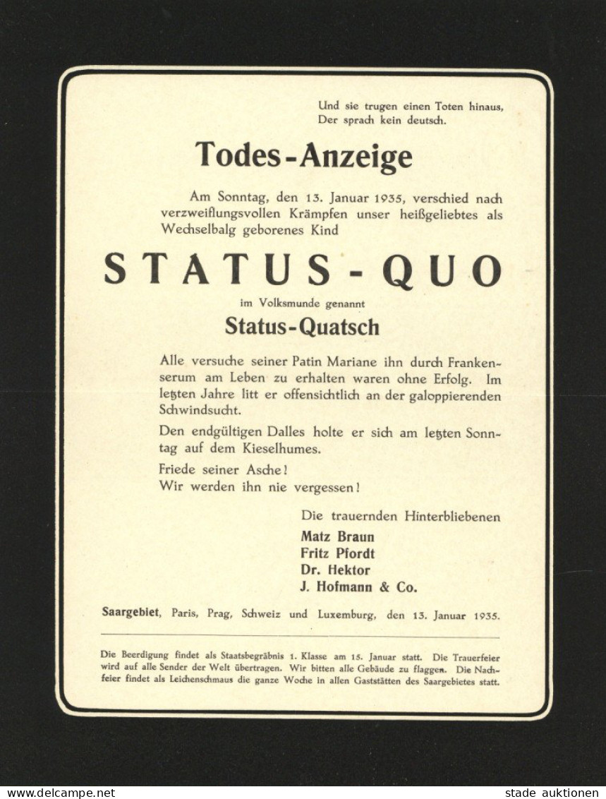 SAARABSTIMMUNG 1935 WK II - Seltener Propagandabrief Todes-Anzeige STATUS-QUO ! I - War 1939-45