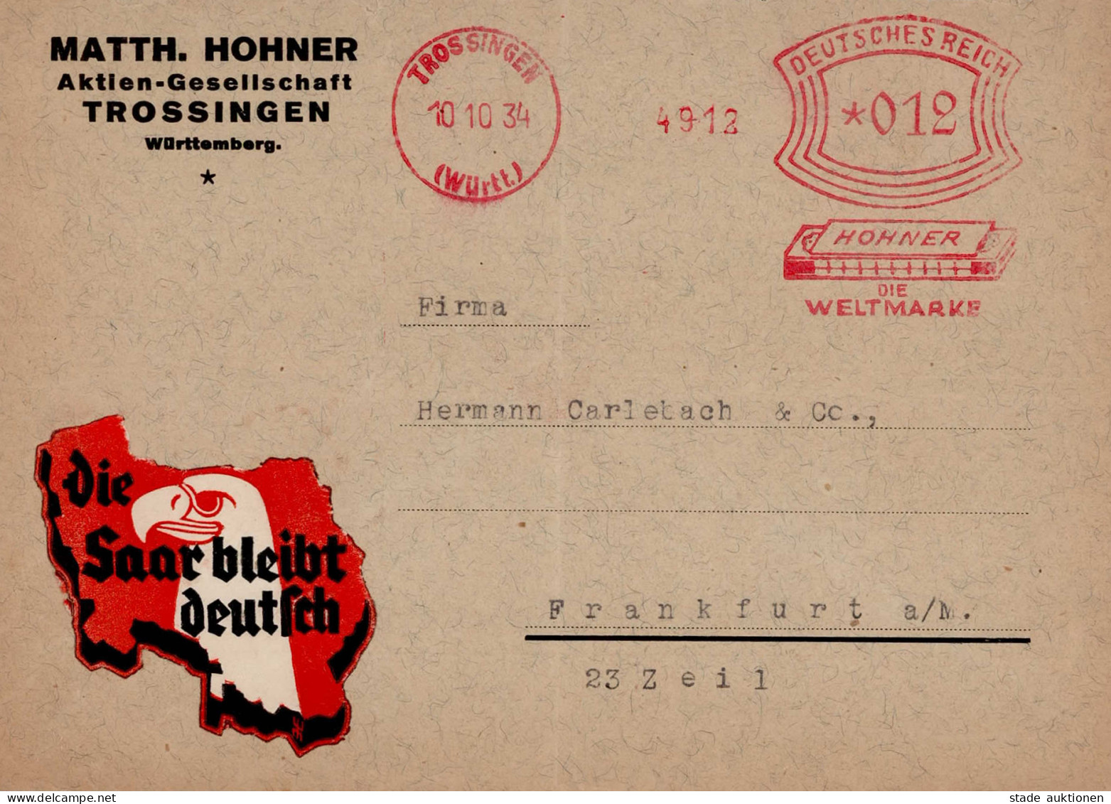WK II Saarabstimmung Vignette Die Saar Bleibt Deutsch" Auf Freistempler Hohner Mundharmonika Trossingen 1934" - Guerre 1939-45