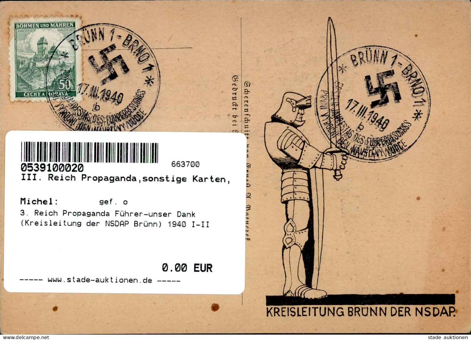3. Reich Propaganda Führer-unser Dank (Kreisleitung Der NSDAP Brünn) 1940 I-II - Guerre 1939-45