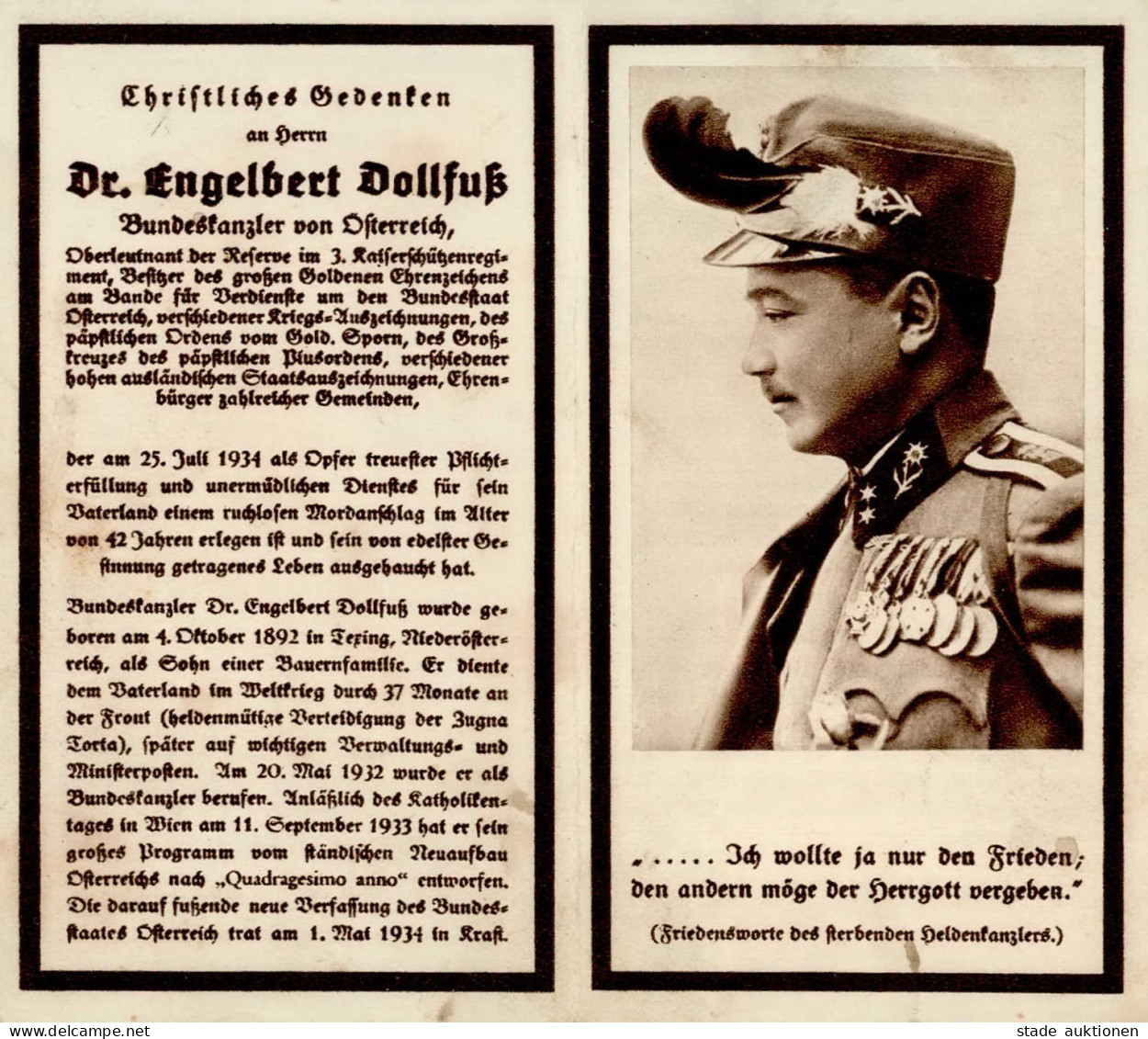 Austrofaschismus Österreich 1. Republik Sterbebildchen Dr. Engelbert Dollfuß 1934 I- - Guerre 1939-45