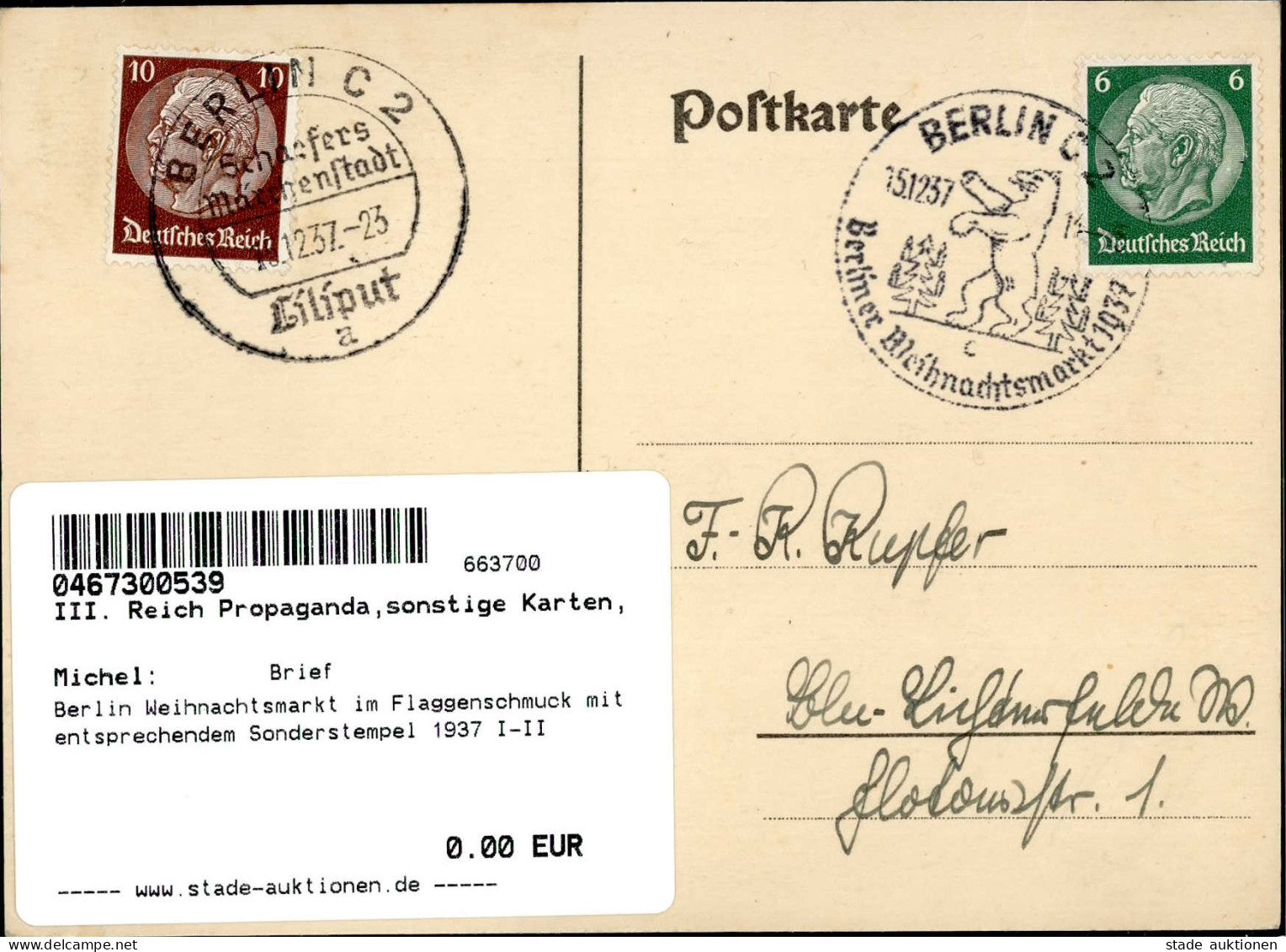 Berlin Weihnachtsmarkt Im Flaggenschmuck Mit Entsprechendem Sonderstempel 1937 I-II - Guerra 1939-45