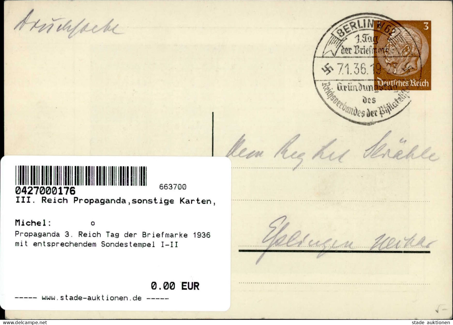 Propaganda 3. Reich Tag Der Briefmarke 1936 Mit Entsprechendem Sondestempel I-II - Guerre 1939-45