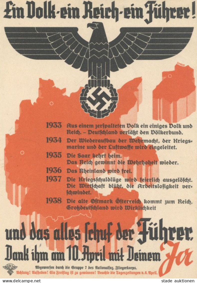 Propaganda WK II - DINA5 FLUGBLATT Zur VOLKSABSTIMMUNG 10.4.1938 Der Gruppe 8 Des NS-FLIEGERKORPS I-II - Weltkrieg 1939-45