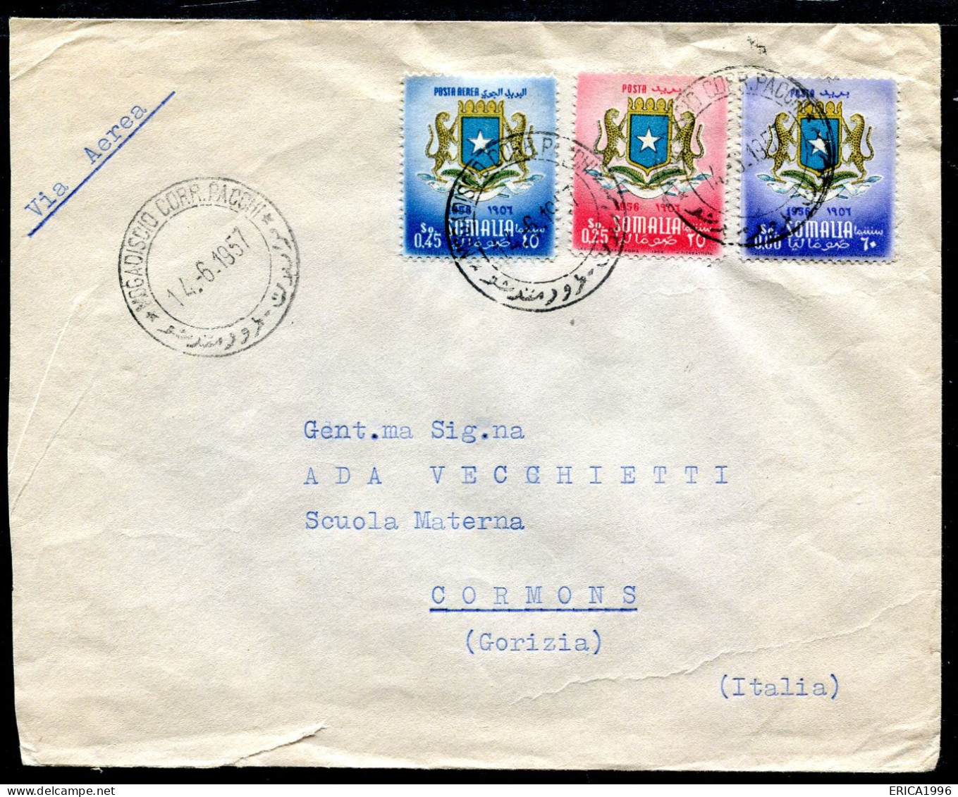 Z3633 SOMALIA AFIS 1957 Aerogramma Affrancato Con Emblema Somalia, 3 Valori, Di Cui Uno Di Posta Aerea, Da Mogadiscio 14 - Somalië (AFIS)