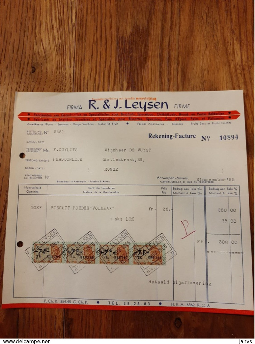 Factuur Facture - Firma R. & J. Leysen - Amerikaanse Bloem-Droge Vruchten Enz... Antwerpen 21/11/1955 - 1950 - ...