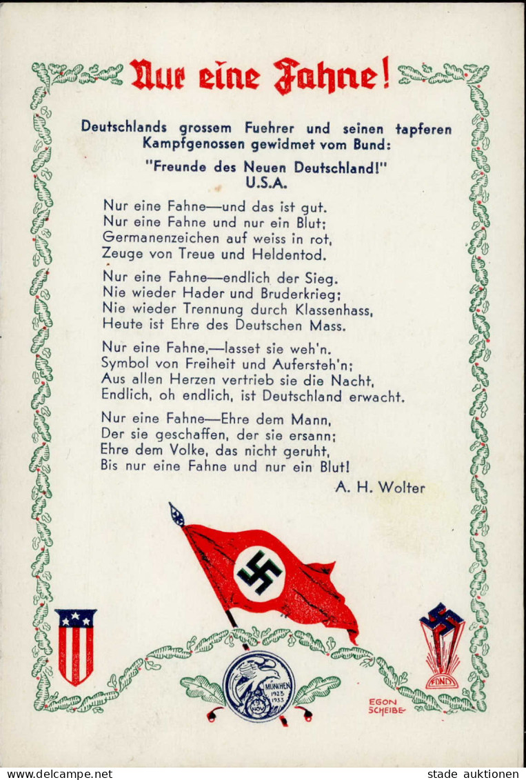 NS-LIEDKARTE WK II - NUR EINE FAHNE! Seltene Prop-Ak D. BUND FREUNDE Des NEUEN DEUTSCHLAND! BROOKLYN USA Künstlerkarte S - Weltkrieg 1939-45