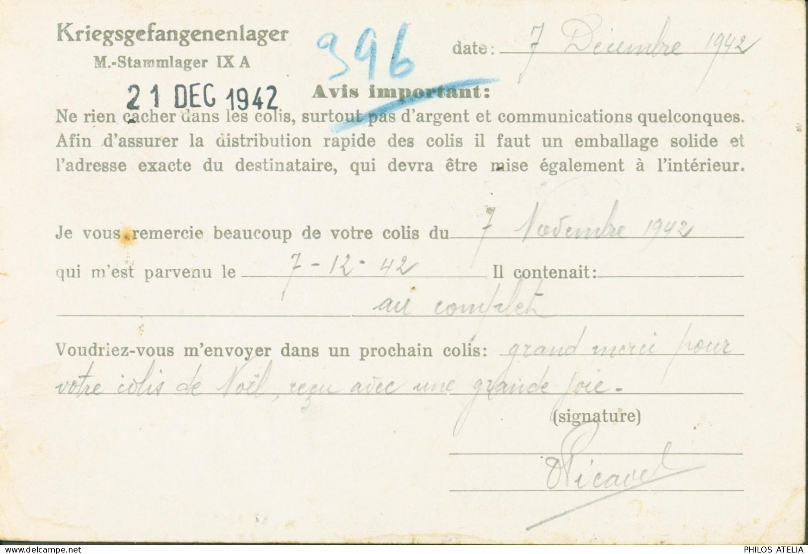 Guerre 40 Kriegsgefangenenlager M Stammlager IXA Ziegenhain Instructions Colis & Accusé Réception Colis Censure - Courriers De Prisonniers