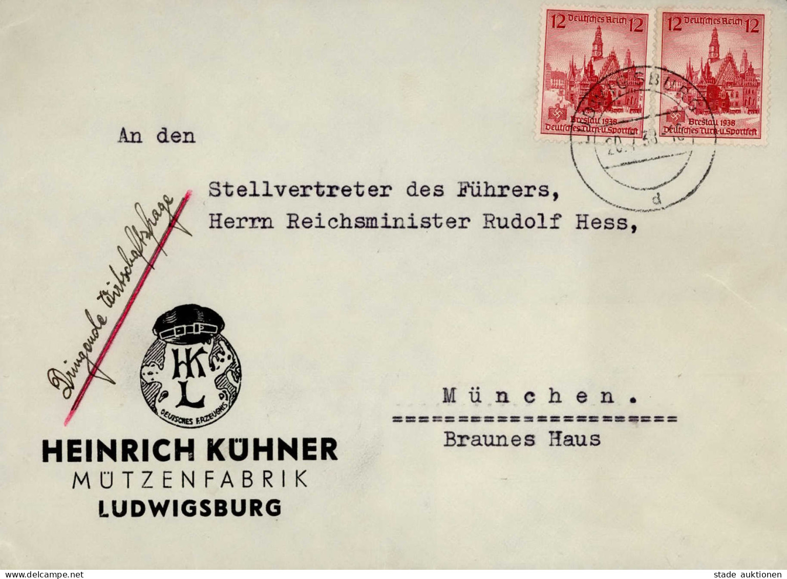 HESS, Rudolf Stellvertreter Des Führers U. Reichsminister, Persönlicher Brief (nur Briefvorderseite) An Ihn 1938 (hs. Dr - War 1939-45