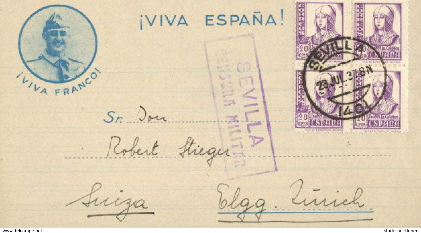 Spanien Francisco Franco Propaganda-Zudruck Viva Espana Auf Faltbrief, In Die Schweiz Gelaufen 1937 Zensur Sevilla I-II - Guerre 1939-45