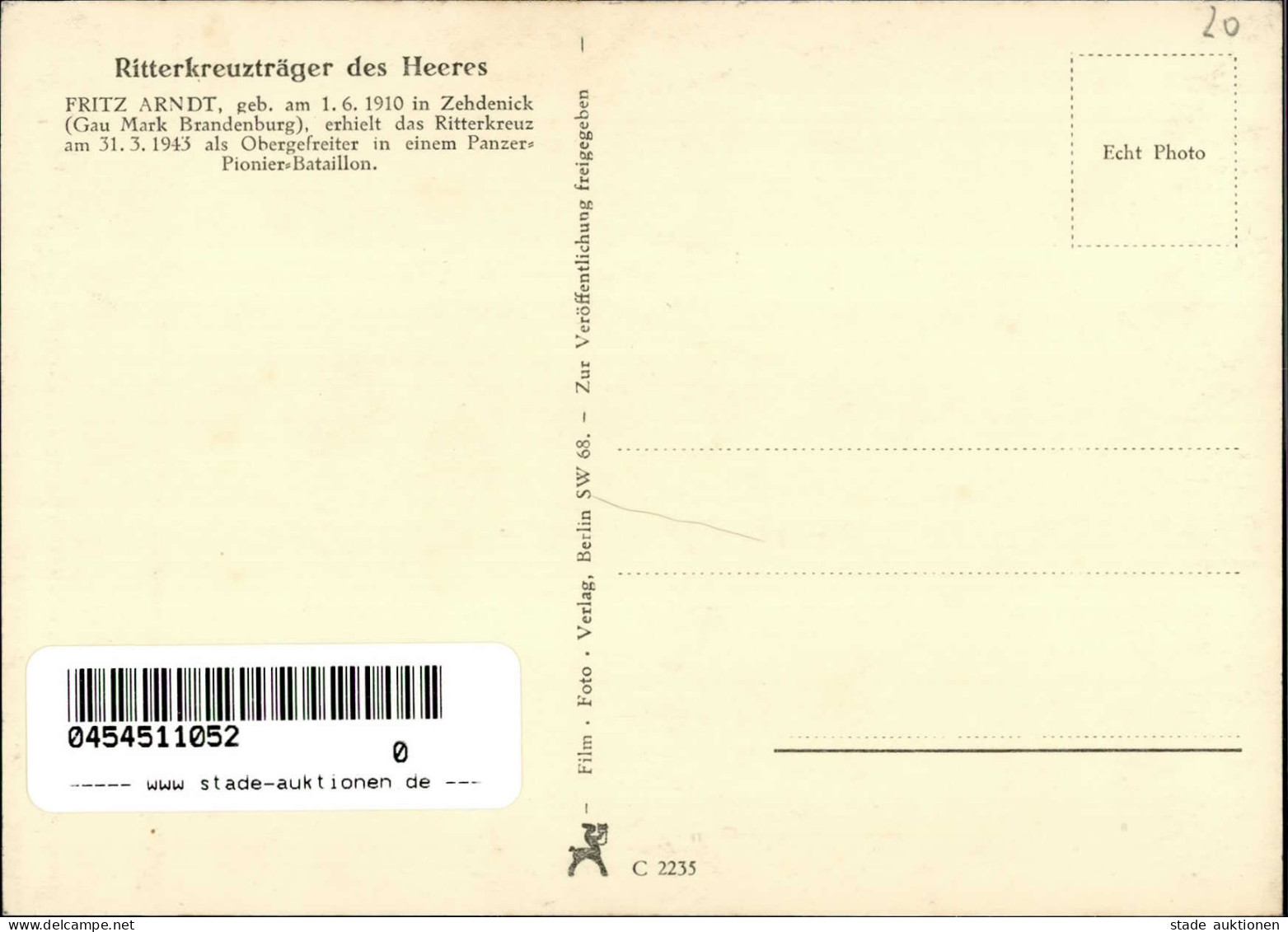 Ritterkreuzträger ARNDT,Fritz Obergefreiter - R 300 I - Weltkrieg 1939-45