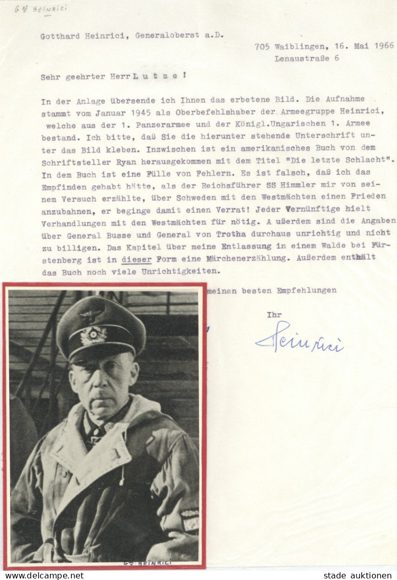 Ritterkreuzträger Gotthard, Heinrici Original-Unterschrift Auf Brief 16.05.1966 I-II - War 1939-45