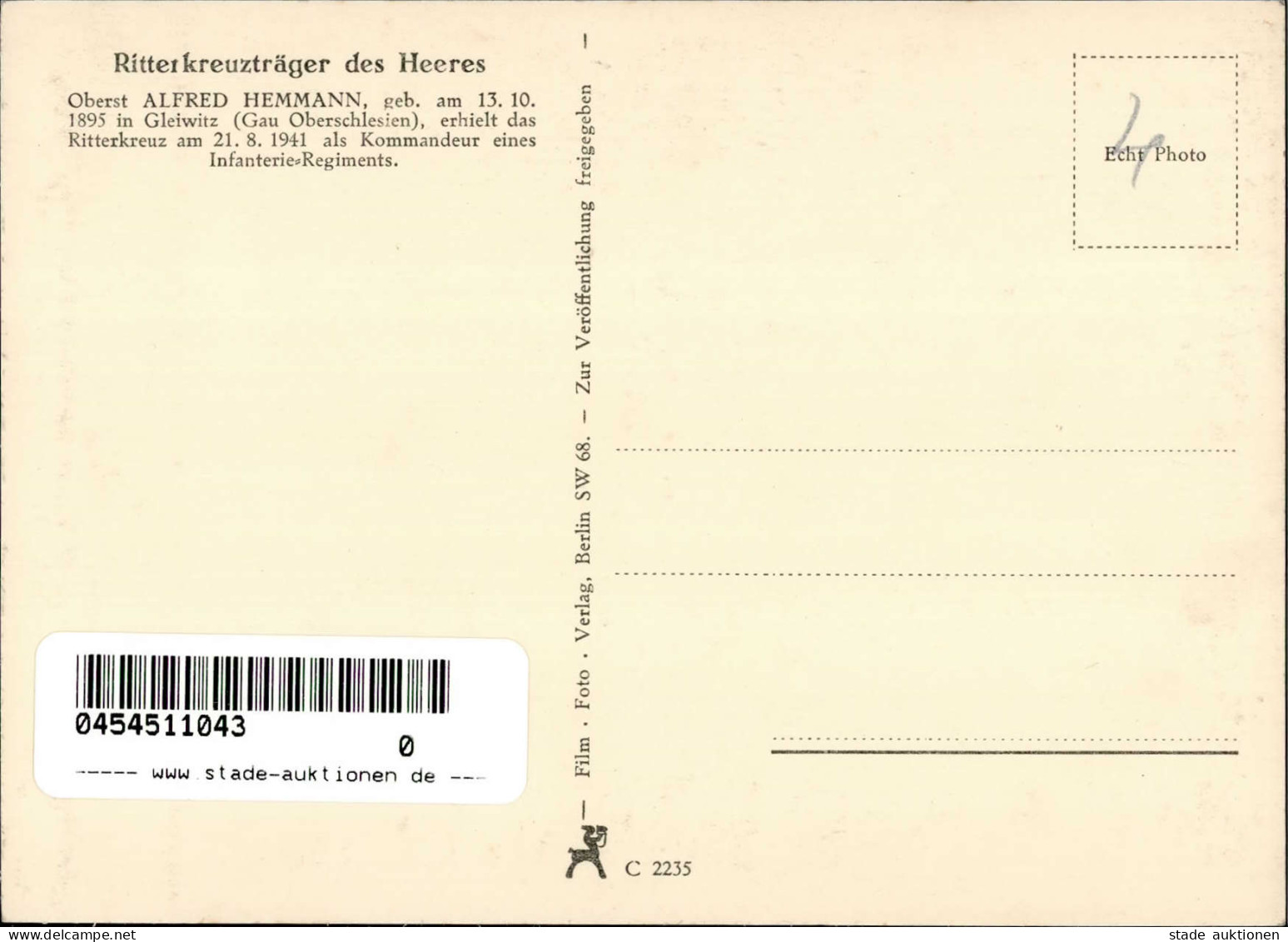 Ritterkreuzträger HEMMANN,Alfred Oberst - R 317 I - Oorlog 1939-45