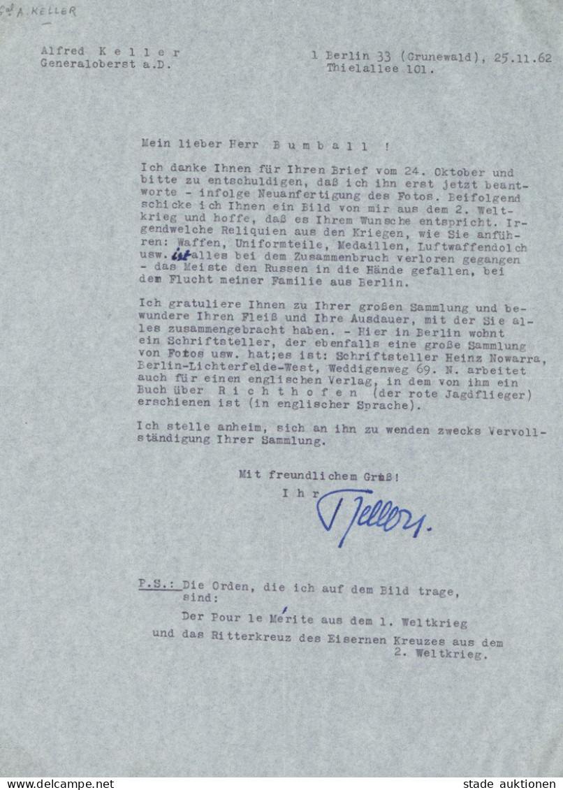 Ritterkreuzträger Keller, Alfred Original-Unterschrift Auf Brief 25.11.1962 I-II - War 1939-45