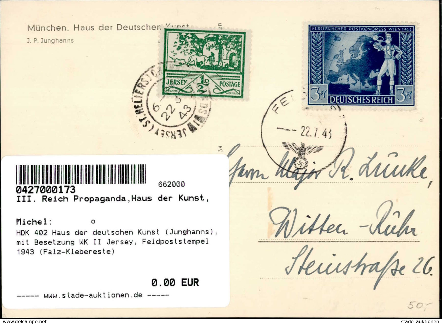 HDK 402 Haus Der Deutschen Kunst (Junghanns), Mit Besetzung WK II Jersey, Feldpoststempel 1943 (Falz-Klebereste) - War 1939-45