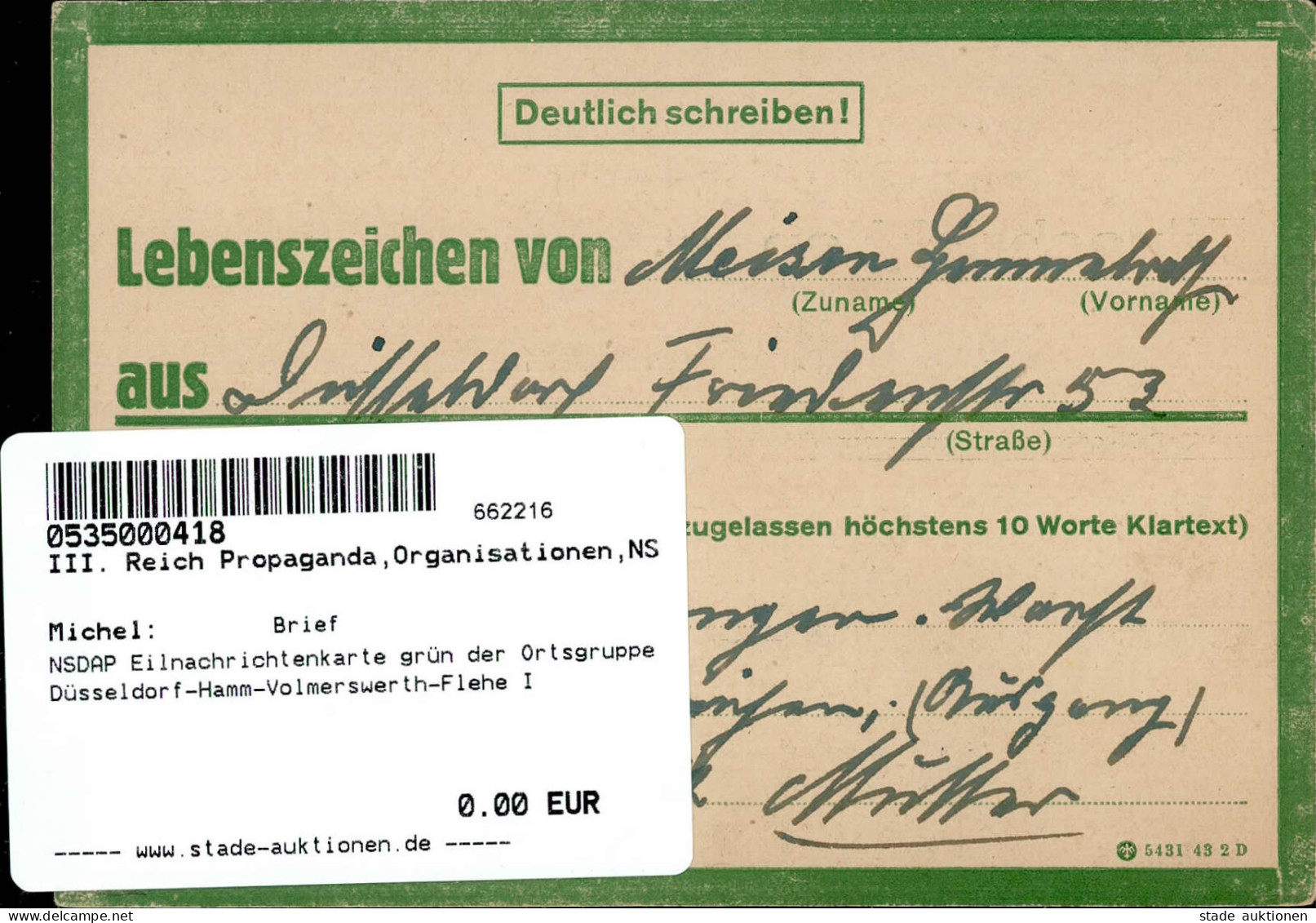 NSDAP Eilnachrichtenkarte Lebenszeichen Grün Der Ortsgruppe Düsseldorf-Hamm-Volmerswerth-Flehe I - Guerra 1939-45