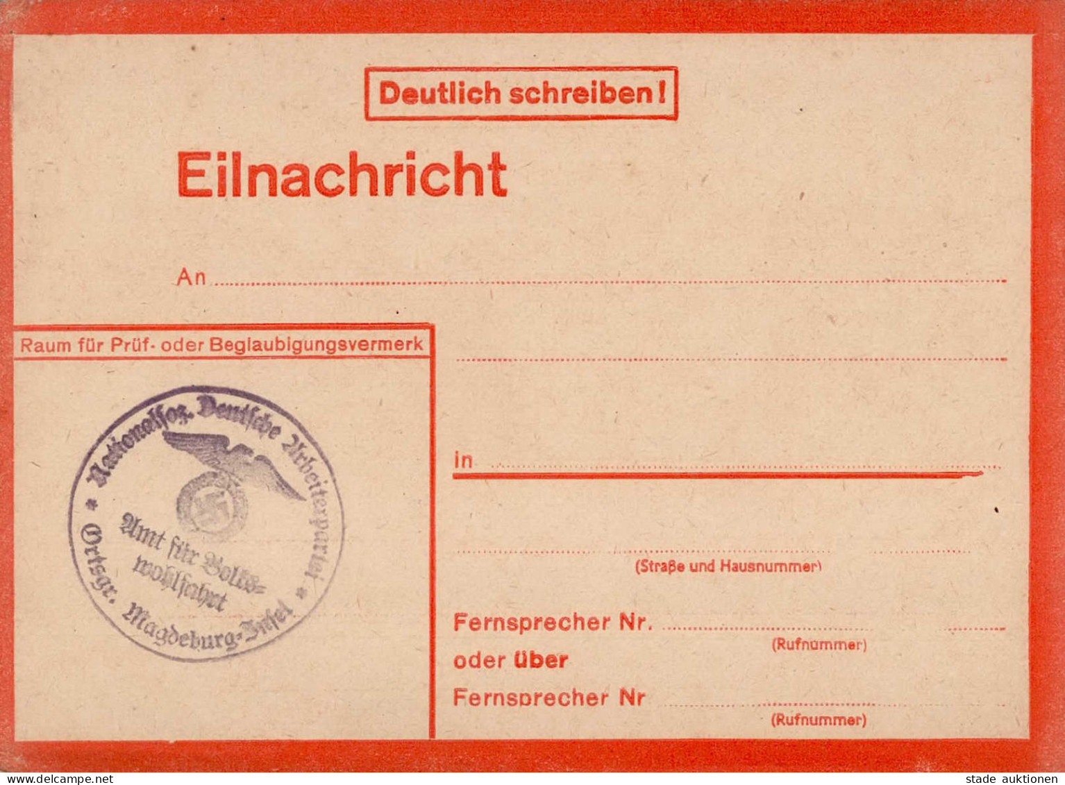 NSDAP Eilnachrichtenkarte NSDAP Amt Für Volkswohlfahrt Ortsgr. Magdeburg-Insel Blanco-Vordruck Ca. 1944 I - War 1939-45