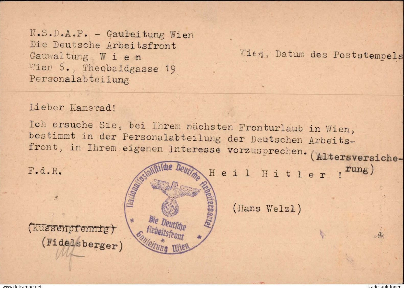 NSDAP Postkarte Der Deutschen Arbeitsfront Gauleitung Wien 1940 An Einen SS-Angehörigen In Schurgast (Schlesien) - Guerre 1939-45