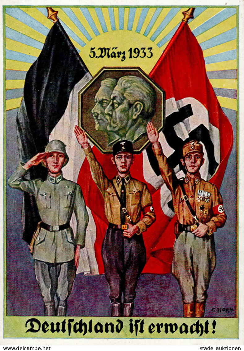 NSDAP WK II - Verlag Bildkunst Nr. 38 - DEUTSCHLAND IST ERWACHT! Künmstlerkarte Sign. C.Horn I - Weltkrieg 1939-45