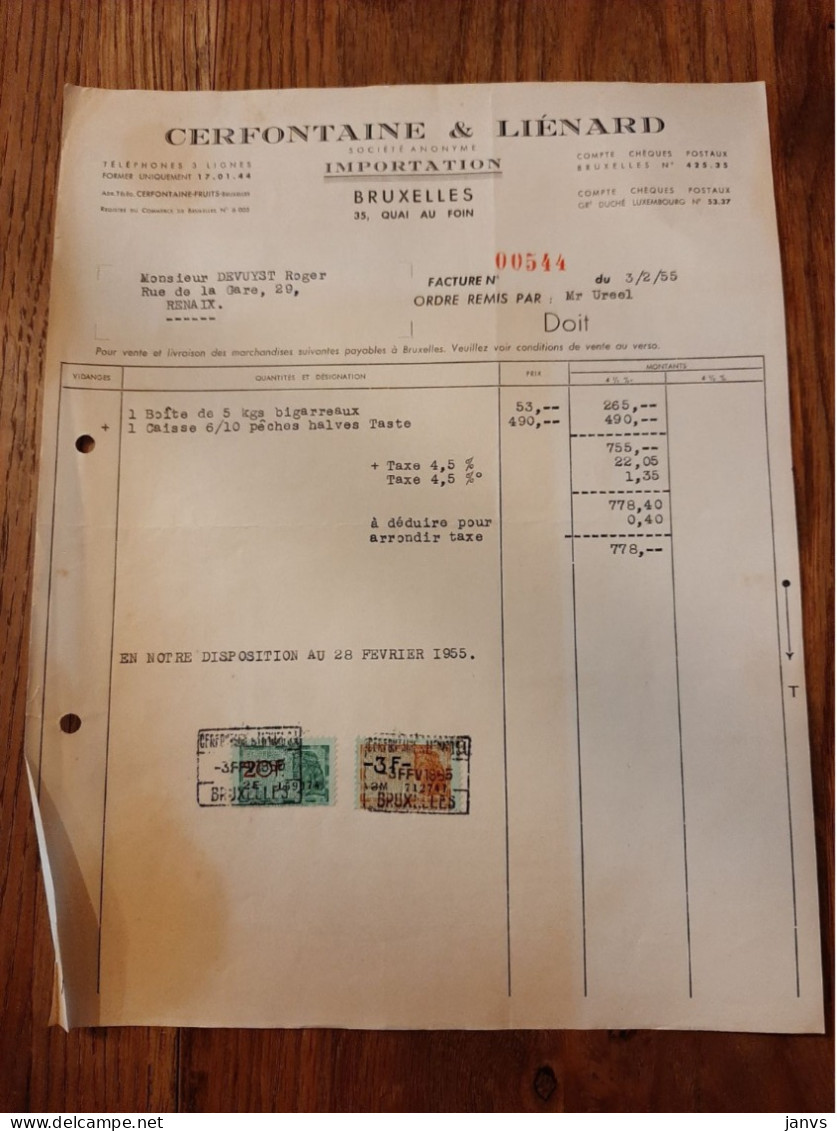 Factuur Facture - Cerfontaine & Liénard - Société Anonyme Importation - Bruxelles 03/02/1955 - 1950 - ...