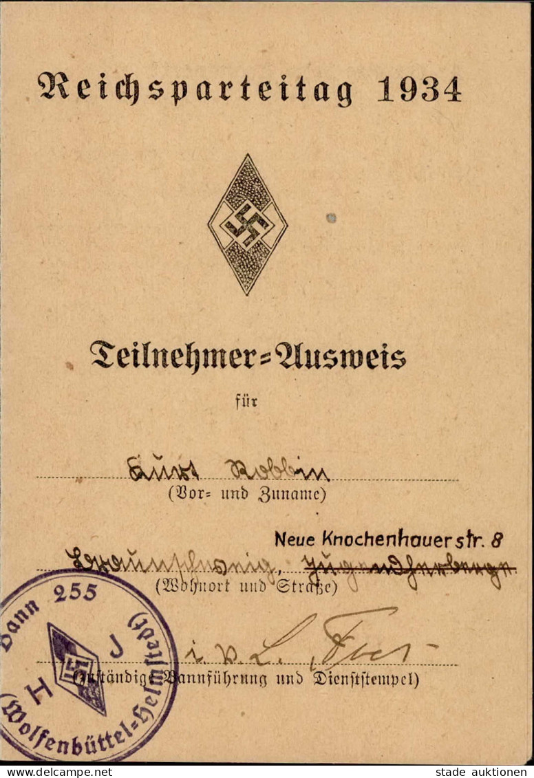 REICHSPARTEITAG NÜRNBERG 1934 WK II - TEILNEHMER-AUSWEIS I - Guerre 1939-45