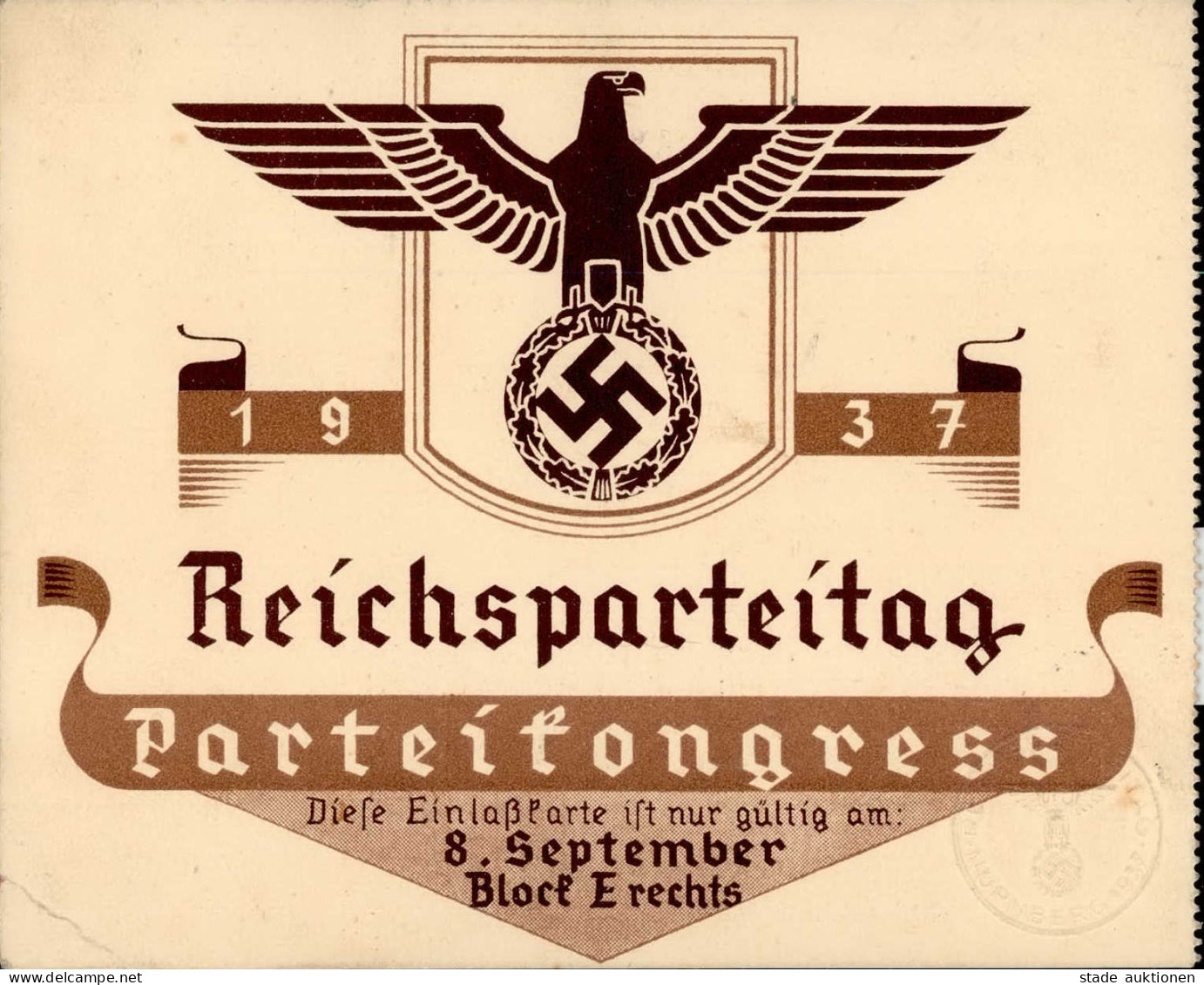 REICHSPARTEITAG NÜRNBERG 1937 WK II - EINLAßKARTE PARTEIKONGRESS 1937 (Ecke Gestoßen) II - Weltkrieg 1939-45