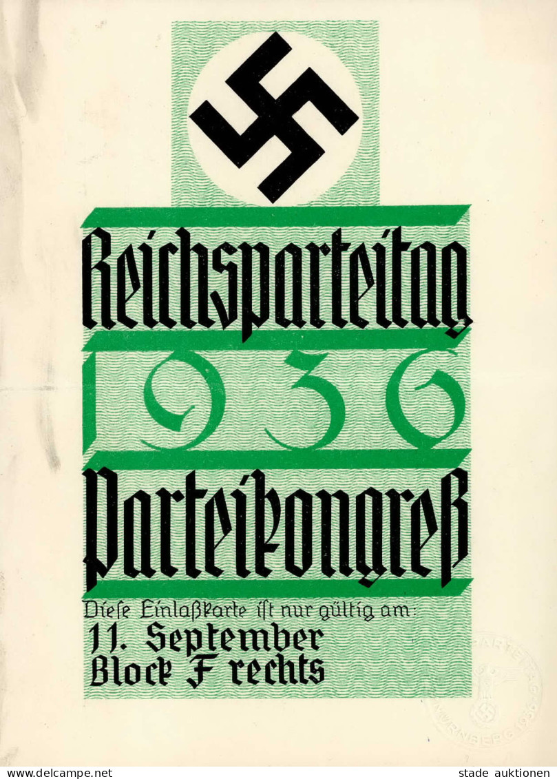 REICHSPARTEITAG NÜRNBERG WK II - Einlaßkarte RP 1936 PARTEIKONGRE? Waager. Gefaltet - Rücks. Klebestelle II - Guerra 1939-45