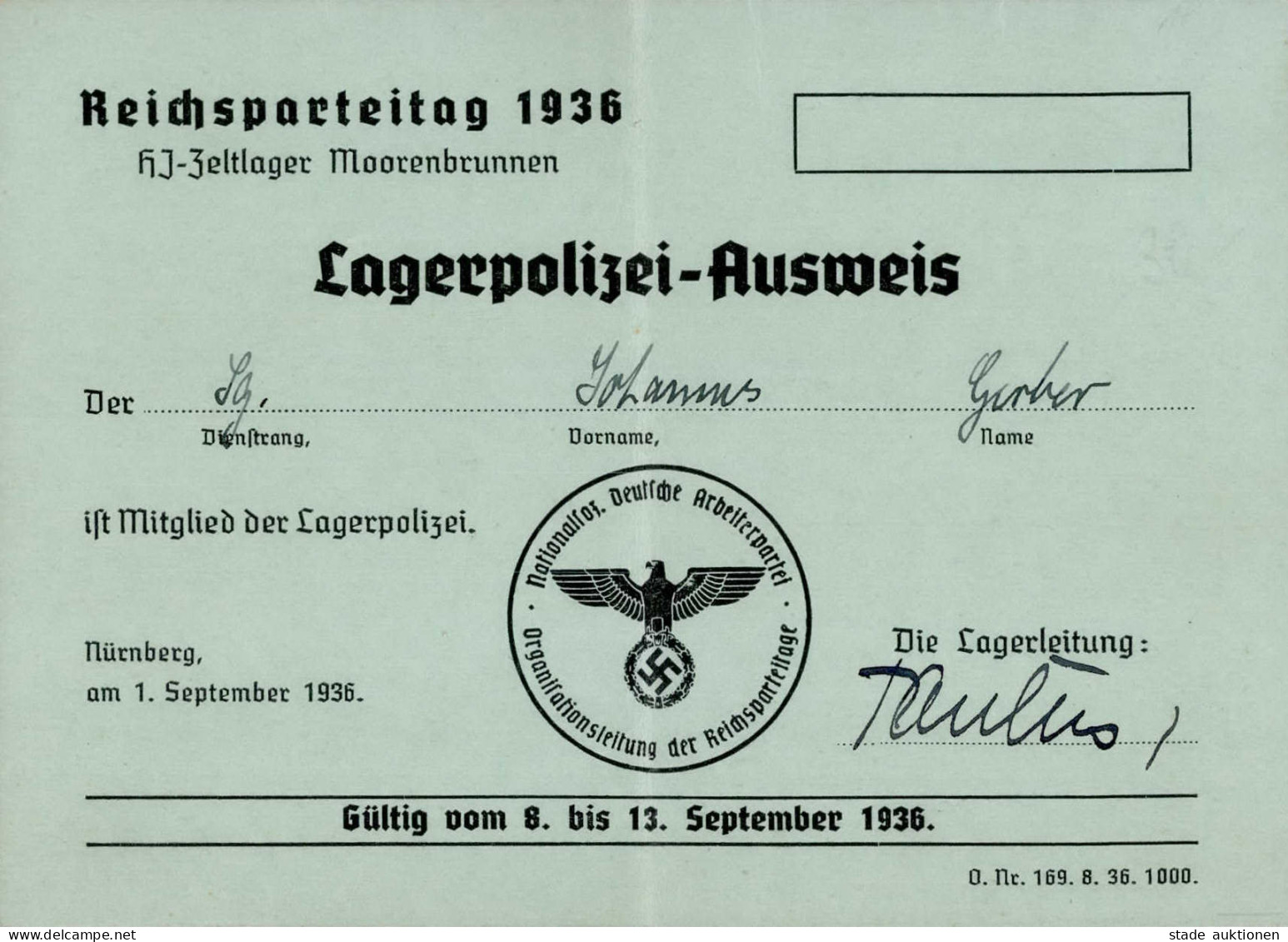 REICHSPARTEITAG NÜRNBERG WK II - Seltener LAGERPOLIZEI-AUSWEIS HJ-Zeltlager MOOREBRUNNEN RP 1936 (senkrecht Gefaltet) - Oorlog 1939-45