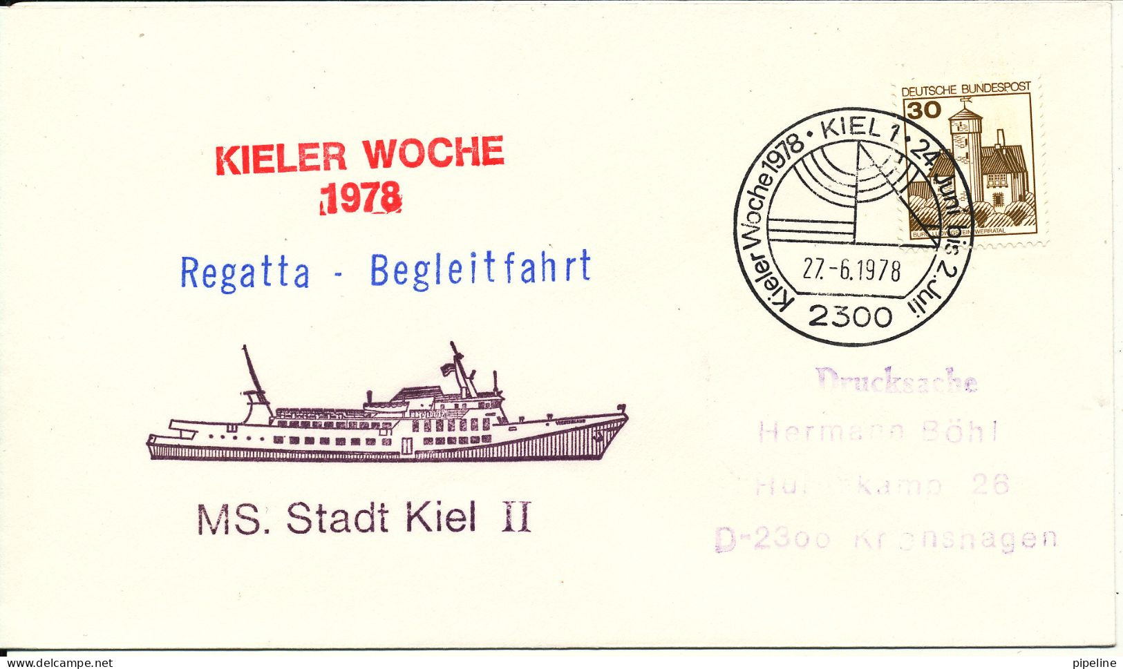 Germany Ship Cover M/S Stadt Kiel Regatta Begleitfahrt Kieler Woche 27-6-1978 - Brieven En Documenten