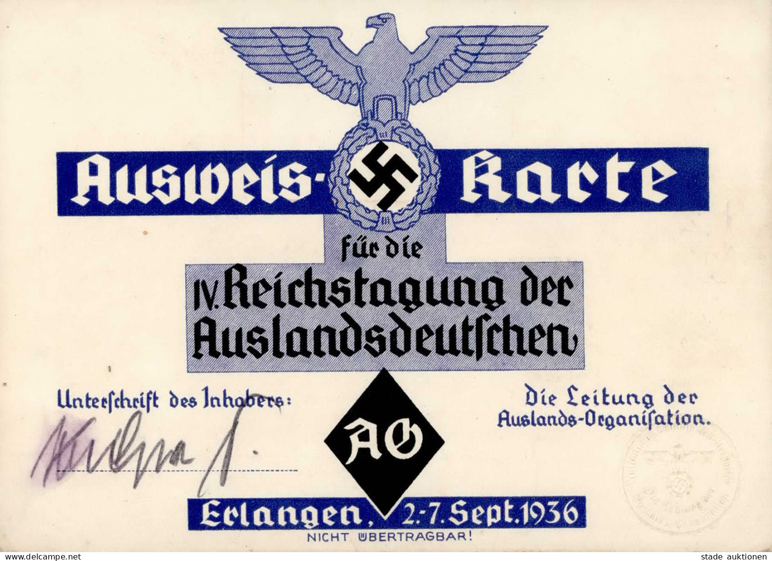 ERLANGEN WK II - AUSWEISKARTE IV. REICHSTAGUNG Der AUSLANDSDEUTSCHEN 1936 - Zusammengeklebt! I-II - War 1939-45